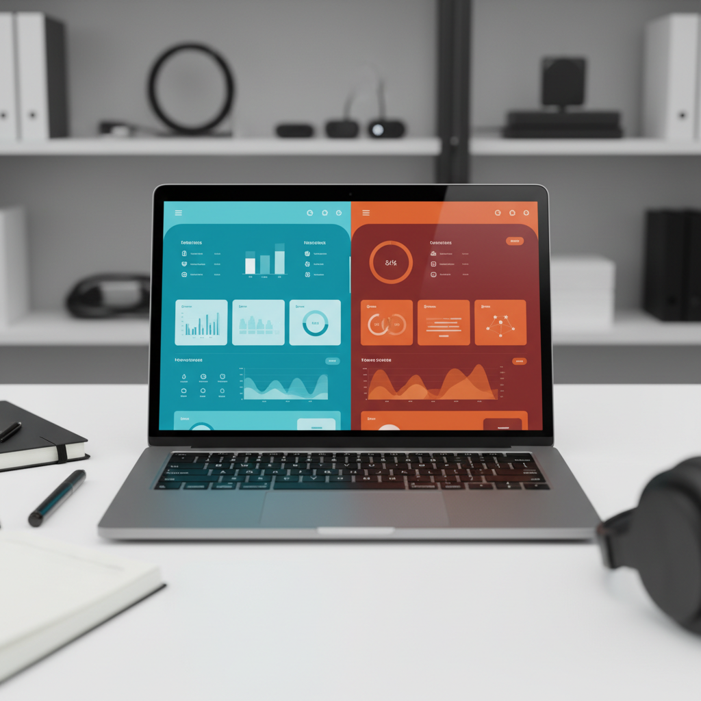 A close-up, over-the-shoulder style view of a high-resolution laptop screen on a clean white desk, filled with a side-by-side comparison of two business software interfaces, each with clearly differentiated color schemes and UI components, but no readable text. The laptop’s matte metallic casing catches soft studio lighting from above, creating gentle gradients along the edges. A slim notebook, pen, and a pair of noise-cancelling headphones rest nearby, slightly out of focus. The background fades into a tasteful bokeh of shelves with neatly arranged tech accessories. The composition is tight and centered on the displays, conveying careful evaluation and honest review. Photographic realism with a calm, analytical mood supports in-depth software breakdown content.