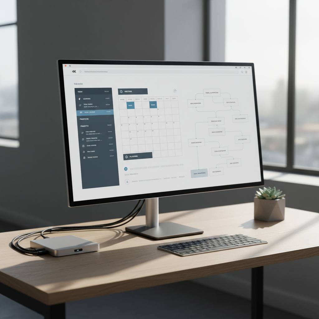 An ultra-organized digital productivity hub displayed on a large, frameless 4K monitor, showing a clean layout of task lists, calendar blocks, and automation workflows in cool blues and neutral grays. The monitor rests on a light oak desk with a subtle satin finish, beside a slim docking station connected to neatly routed cables. A small, geometric concrete planter adds texture near the screen. Natural afternoon light pours in from the right, creating crisp but soft-edged shadows and a quiet, deliberate atmosphere. Captured at eye level with a balanced, rule-of-thirds composition and shallow depth of field, the image has photographic realism and a refined, modern tech-stack vibe ideal for a business tools news site.